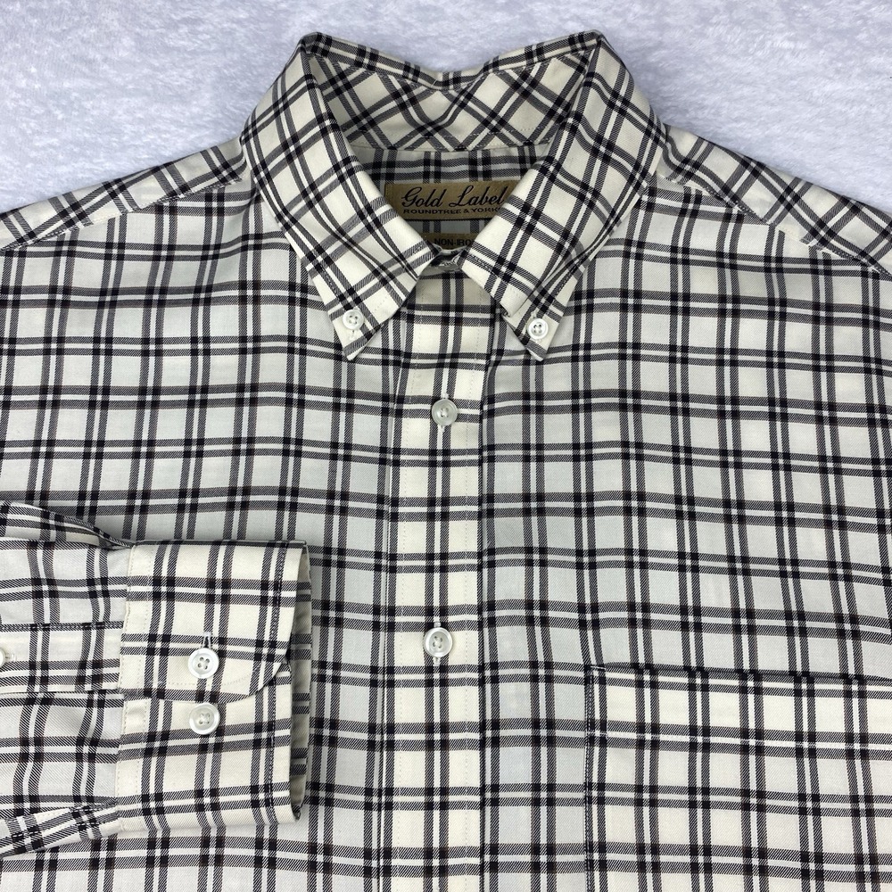 Roundtree & Yorke Gold Label Shirt Mens Medium Cream w/Black-Brown Check No Iron